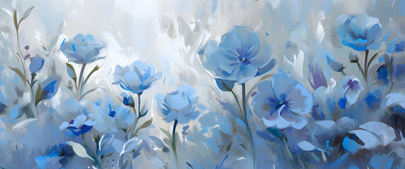 An artistic painting depicting blue and white anemone flowers, with a beautiful, delicate depiction of nature