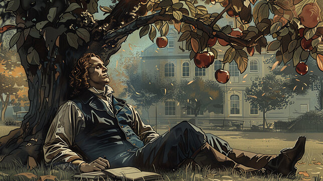 vintage style illustration of Isaac Newton resting under an apple tree. Discovery of the law of gravity, physics, XIX century icon, scientist
