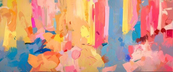 Fototapeta premium An abstract panoramic digital painting filled with lively pink, yellow, and blue brush strokes, evoking energy and creativity