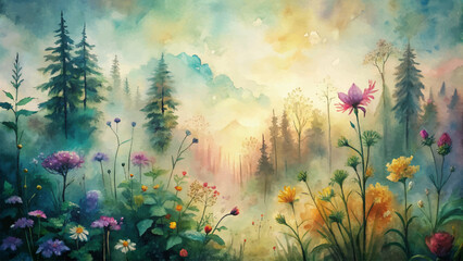 Watercolor background of wildflowers in a mystical forest