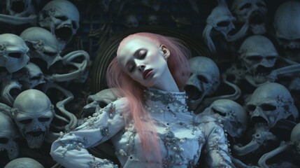 A haunting portrait of a pale woman with pink hair surrounded by an array of eerie skulls