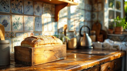 a bread box on a kitchen counter with a loaf of freshly baked bread partially emerging