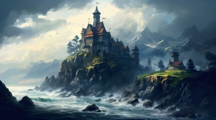 An atmospheric depiction of an ancient castle perched on rocky cliffs with a tumultuous sea roaring...