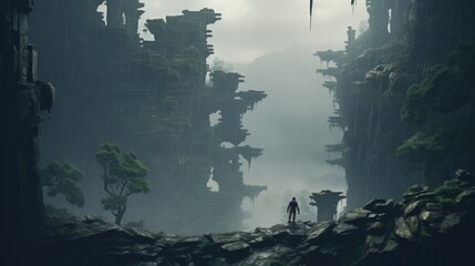 Two lone adventurers stand before a vast chasm lined by verdant cliff sides, hidden by a soft, damp...