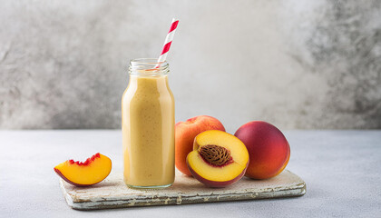 Peach smoothie in glass bottle with paper straw. Tasty and healthy beverage. Delicious summer drink.