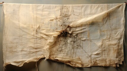 Close-up of a frayed textile with a single loose thread against a soft background - obrazy, fototapety, plakaty