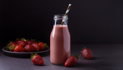 Strawberry smoothie in glass bottle with paper straw. Tasty and healthy beverage. Delicious drink