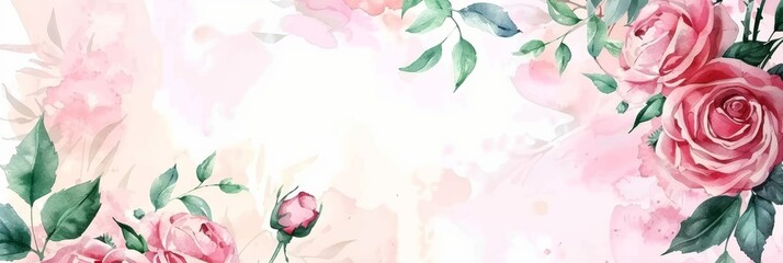 Watercolor Floral Invitation with Pink Roses and Leaves Generative AI