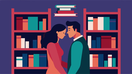 Hidden behind the tall bookcases a couple shared a tender moment their voices ly audible as they exchanged words in a private conversation.. Vector illustration - obrazy, fototapety, plakaty