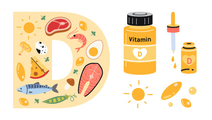 Vitamin D sources set with food rich in it, tablets, capsules and drops. Sea food, fish, meat, dairy products, eggs, vegetabless and pharmacy products. Isolated cartoon vector illustration, flat