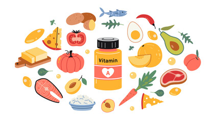 A jar of vitamin A in tablets or capsules and foods enriched with it. Fruits, vegetables, fish, meat, dairy products and eggs set. Isolated vector illustration, hand drawn, flat