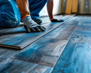 Worker installing laminate floor detail House renovation with wooden designs