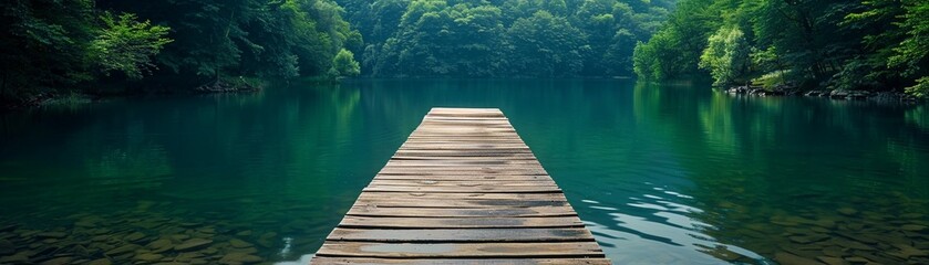Obraz premium A calming waterfront view, inviting one to relax on a wooden dock leading to a serene lake surrounded by lush green forests copy space for text