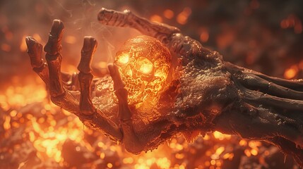 Skeletal hand rising from molten rock with glowing orb, fantasy horror scene