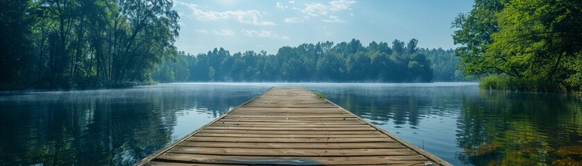 A calming waterfront view, inviting one to relax on a wooden dock leading to a serene lake...