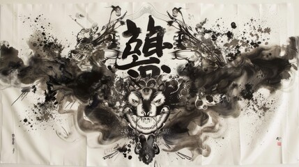 Abstract mirror art with inkblots creating a symmetrical image of a snarling mythical creature and oriental calligraphy