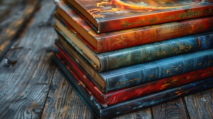Colorful stack of classic children's books on a wooden table, close-up view of artful covers - obrazy, fototapety, plakaty