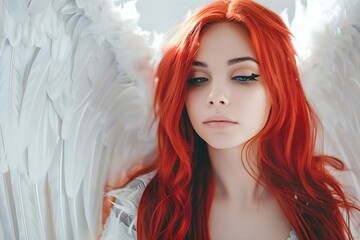 A woman with red hair and white wings resembling an angel. Concept Portrait Photography, Fantasy Character, Red Hair, White Wings, Angelic Theme