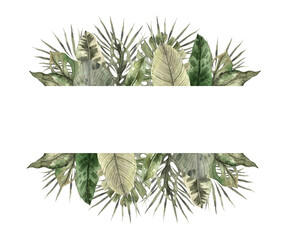 Monstera, calathea, dieffenbachia, palm, banana leaves. Watercolor tropical square border in...