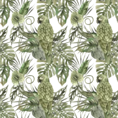 A parrot sits on the tropical leaves of a monstera, palm tree. Watercolor monochrome pattern in a visual floral and plant trend. Transparent background. Pattern for textiles, cards, weddings, holidays