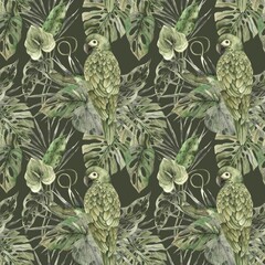 Green parrot, tropical monstera and palm leaves. Watercolor monochrome pattern in a visual floral and plant trend on a green background. Pattern for textiles, cards, weddings, holidays, packaging.