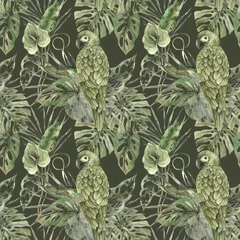 Gardinen Dschungel Green parrot, tropical monstera and palm leaves. Watercolor monochrome pattern in a visual floral and plant trend on a green background. Pattern for textiles, cards, weddings, holidays, packaging.  © ValentinaSova