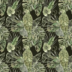 Green parrot, tropical monstera and palm leaves. Watercolor monochrome pattern in a visual floral and plant trend on a dark green background. Pattern for textiles, cards, weddings, holidays, packaging