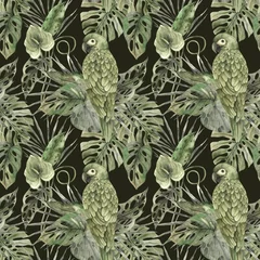 Gardinen Dschungel Green parrot, tropical monstera and palm leaves. Watercolor monochrome pattern in a visual floral and plant trend on a dark green background. Pattern for textiles, cards, weddings, holidays, packaging  © ValentinaSova
