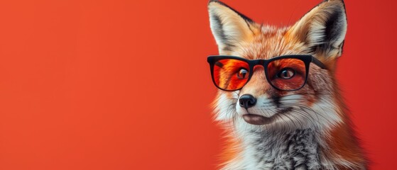 A fox wearing sunglasses and standing in front of a red background