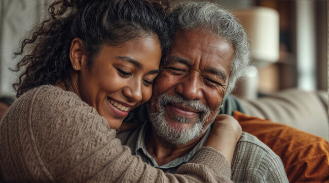 Black adult daughter gives her senior father a gift for father's day. They smile and hug. They're sitting on the sofa at home. Concept of adult child-parent relationship, caring for single parents.