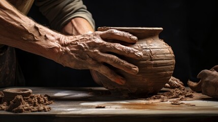 Artisan hands crafting ceramic pot on pottery wheel in dim workshop
