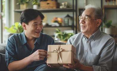 Asian adult son gives her senior father a gift for father's day. They smile and hug. They're sitting on the sofa at home. Concept of adult child-parent relationship, caring for single parents.