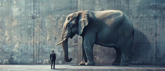 A man stands in front of a large elephant