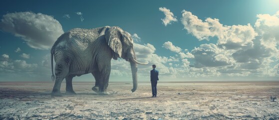 A man stands in front of a huge elephant in a desert - obrazy, fototapety, plakaty