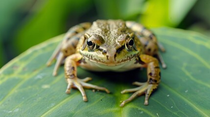 A vigilant frog positioned on a green leaf, its eyes conveying alertness and readiness in a natural habitat