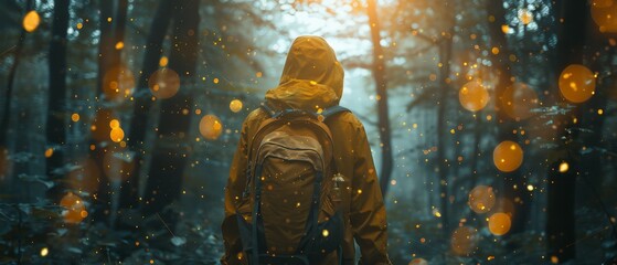A person wearing a yellow jacket and backpack is walking through a forest