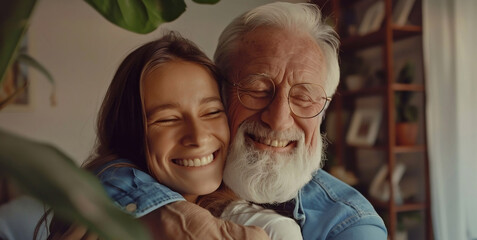 Happy white adult daughter and her father cuddle sitting on sofa at home. Family holiday, long awaited reunion, father's day. Concept of adult child-parent relationship, caring for single parents.