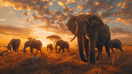 A breathtaking image of a majestic elephant leading its herd across the golden plains, set against a dramatic sunset sky - Powered by Adobe