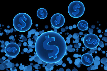 Blue neon illuminated dollar signs in a bubble floating in mid air in black background. Illustration of the concept of inflation, rising stock prices and increasing cost of living