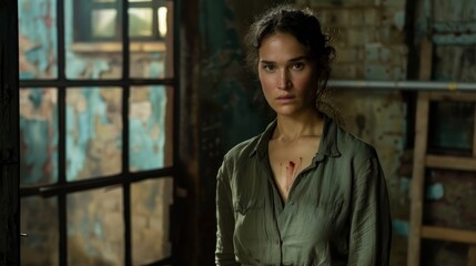 Fototapeta premium Serious young woman in a rugged setting with a stained shirt