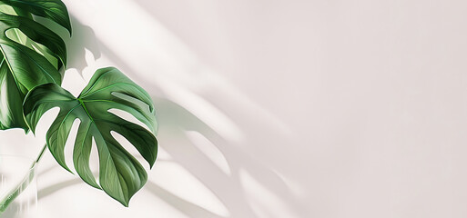 Two Monstera leaves in a glass vase on a light beige background and shadows on the wall. Tropical plant in the interior. Copy space for text. Generative AI.