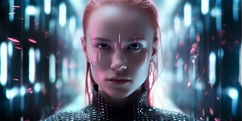 Futuristic Female Cyborg with Glowing Features in a Neon Environment