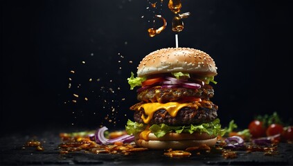 jumbo hamburger stock photo, isolated in black