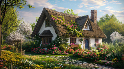 Fototapeta na wymiar Quaint Tranquility: Picturesque Countryside Cottage with Thatched Roof