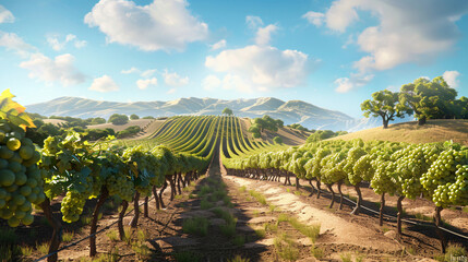 Naklejka premium Vineyard Serenity: Picturesque Countryside with Grapevine Rows and Rolling Hills