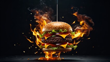 jumbo hamburger, with fire effect behind it, isolated in black