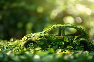 Green Eco-Friendly Car Covered in Leaves. Concept Sustainable Transportation, Eco-Friendly Vehicles, Green Living, Nature Inspired Designs, Leafy Car Art