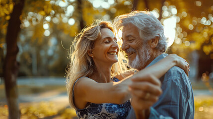 Mature Couple Dancing Together In The Park, Enjoying Their Freedom And Carefree Lifestyle - Perfect For Retirement Or Insurance Ads