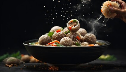 A bowl of mie bakso, a popular indonesian meatball soup served with noodles. - obrazy, fototapety, plakaty