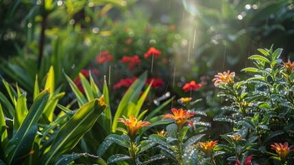 Fototapeta premium Sunlight Shining Through Dew-Kissed Garden Flowers